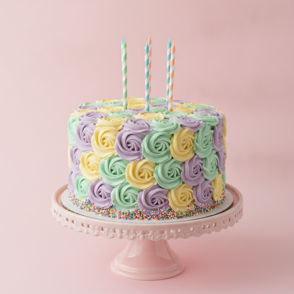 AI birthday cake design generator output — a single tier cake covered in piped pastel mint, lemon and lilac buttercream rosettes on a pink stand, with rainbow sprinkles around the base and four striped candles on top