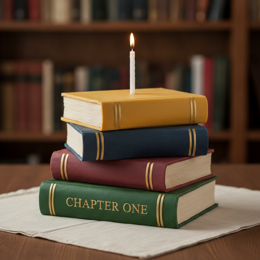 Novelty AI cake design generator output — a sculpted cake shaped like a stack of four vintage hardback books in green, burgundy, navy and mustard fondant, the bottom spine lettered CHAPTER ONE in gold, with a lit candle on top