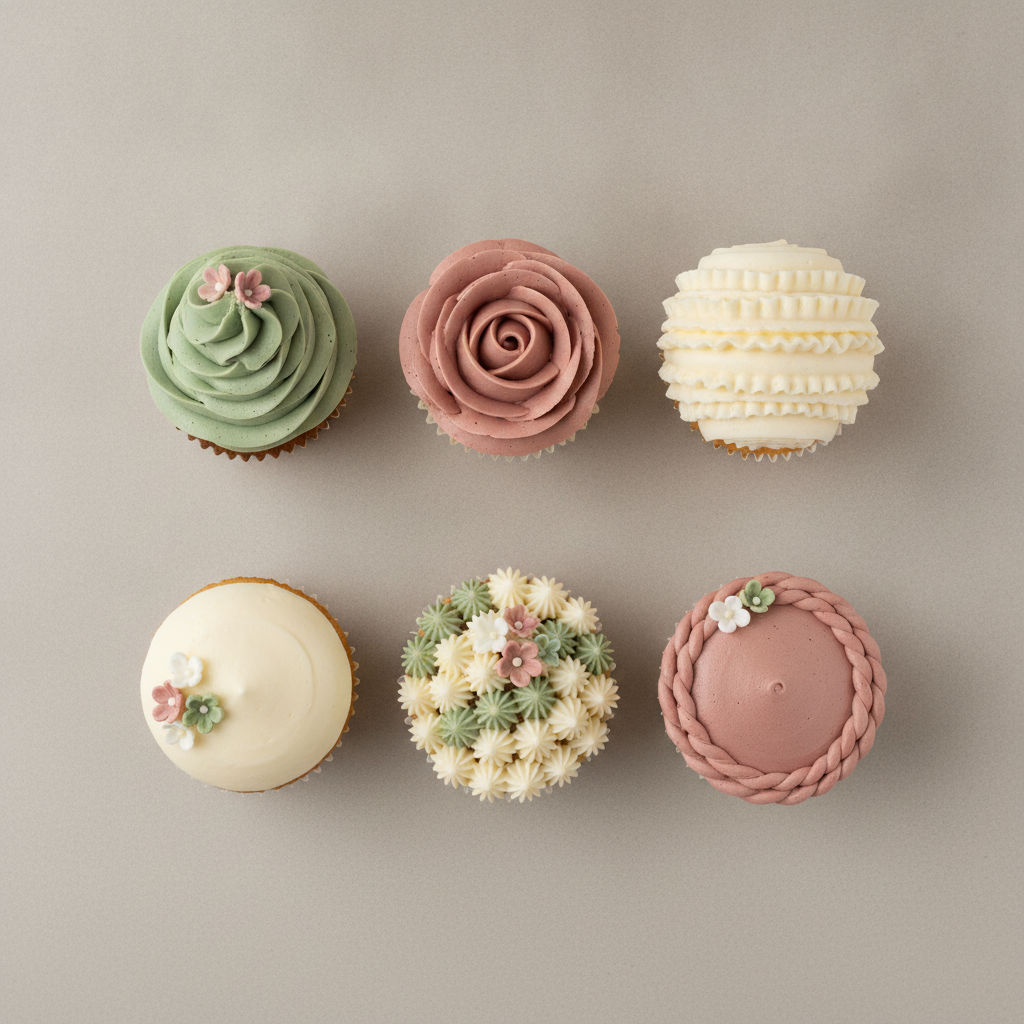 AI cake design generator cupcake output — a flat overhead shot of six cupcakes in two rows of three on warm grey, each with a different piped buttercream texture in sage green, cream and dusty rose with small sugar flowers