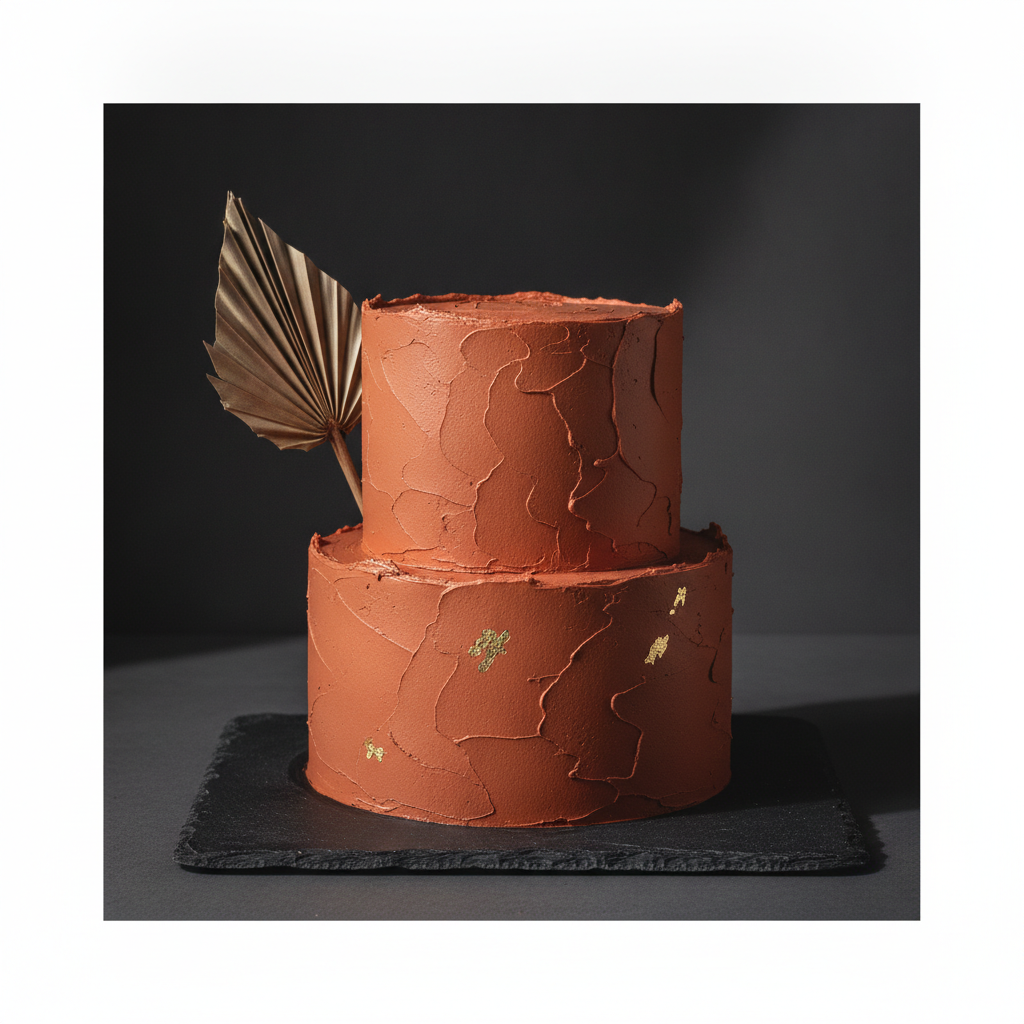 Modern AI cake design generator output — a two tier cake in matte terracotta buttercream with a raw textured scrape finish and gold leaf flecks, a dried palm frond leaning against it, on a dark slate slab