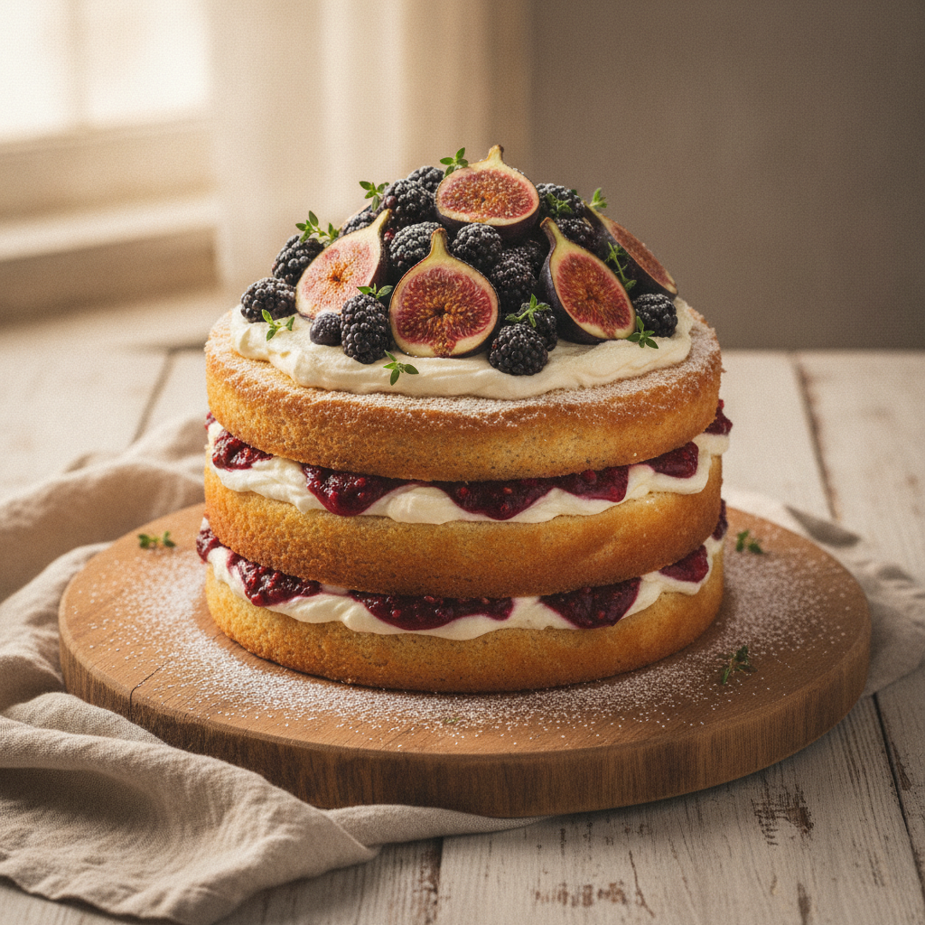 Rustic AI cake design generator output — a naked semi frosted layer cake on a round wooden board with exposed sponge layers, cream and berry compote between them, and figs, blackberries and thyme piled on top