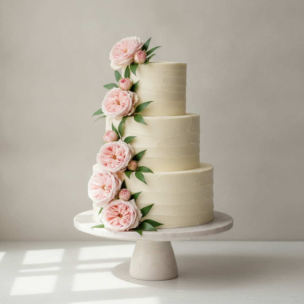AI cake design generator example — a three tier round wedding cake in smooth ivory buttercream on a pale marble stand, with blush pink garden roses and green eucalyptus cascading diagonally down the left side