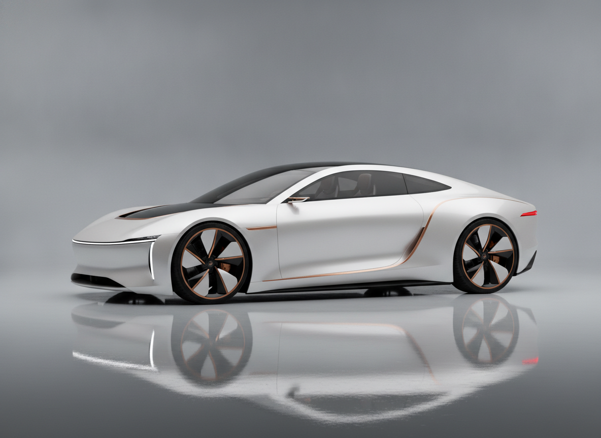 AI car design generator example — a pearl white electric concept coupe with a copper accent line and a full width light bar on a grey studio cyclorama