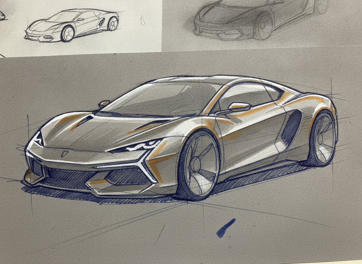AI car sketch generator example — a sports car in three quarter view rendered in grey and ochre marker over ballpoint line work on tinted paper