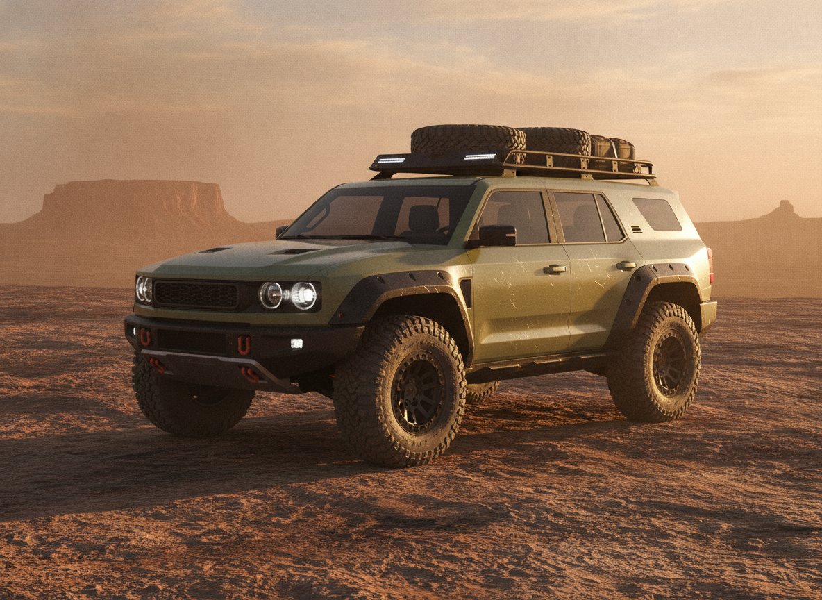 AI vehicle design generator example — a boxy matte sand green off road SUV concept on a rocky desert plateau at golden hour