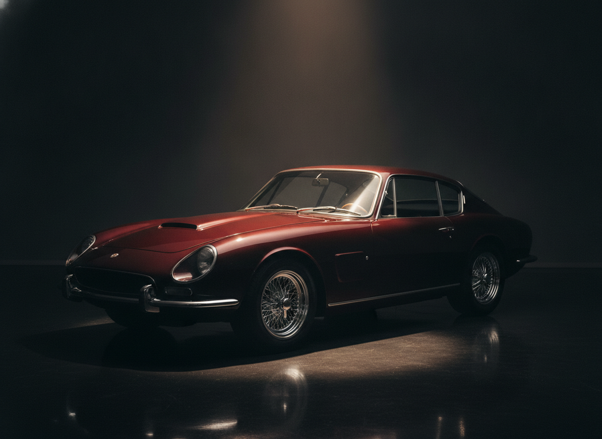 AI custom car builder example — a burgundy sixties fastback restomod coupe with chrome bumpers under a single showroom spotlight