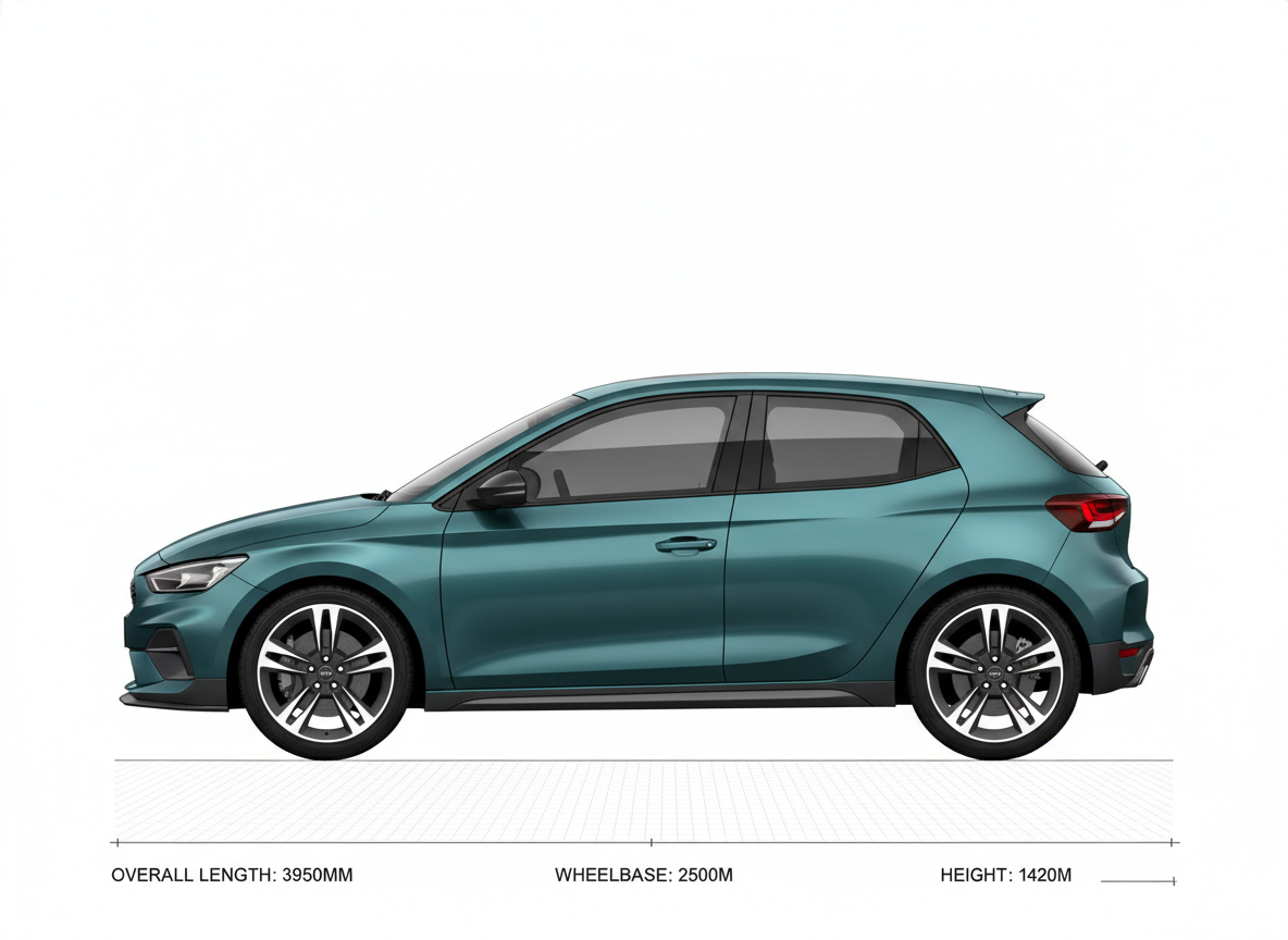 AI automotive design tool example — an orthographic side profile of a compact hatchback in matte teal and graphite on a white grid background