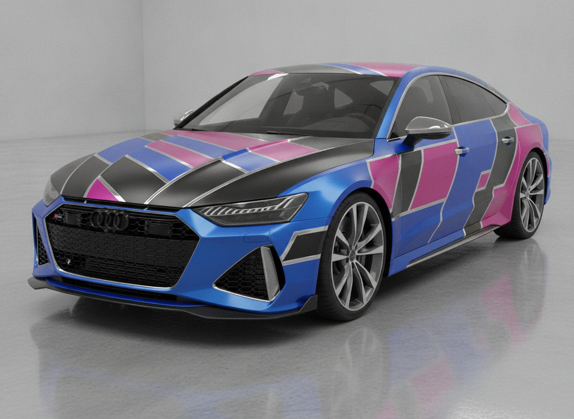 AI car wrap design generator example — a sports sedan wrapped in angular electric blue, magenta and black colour blocking under garage lighting