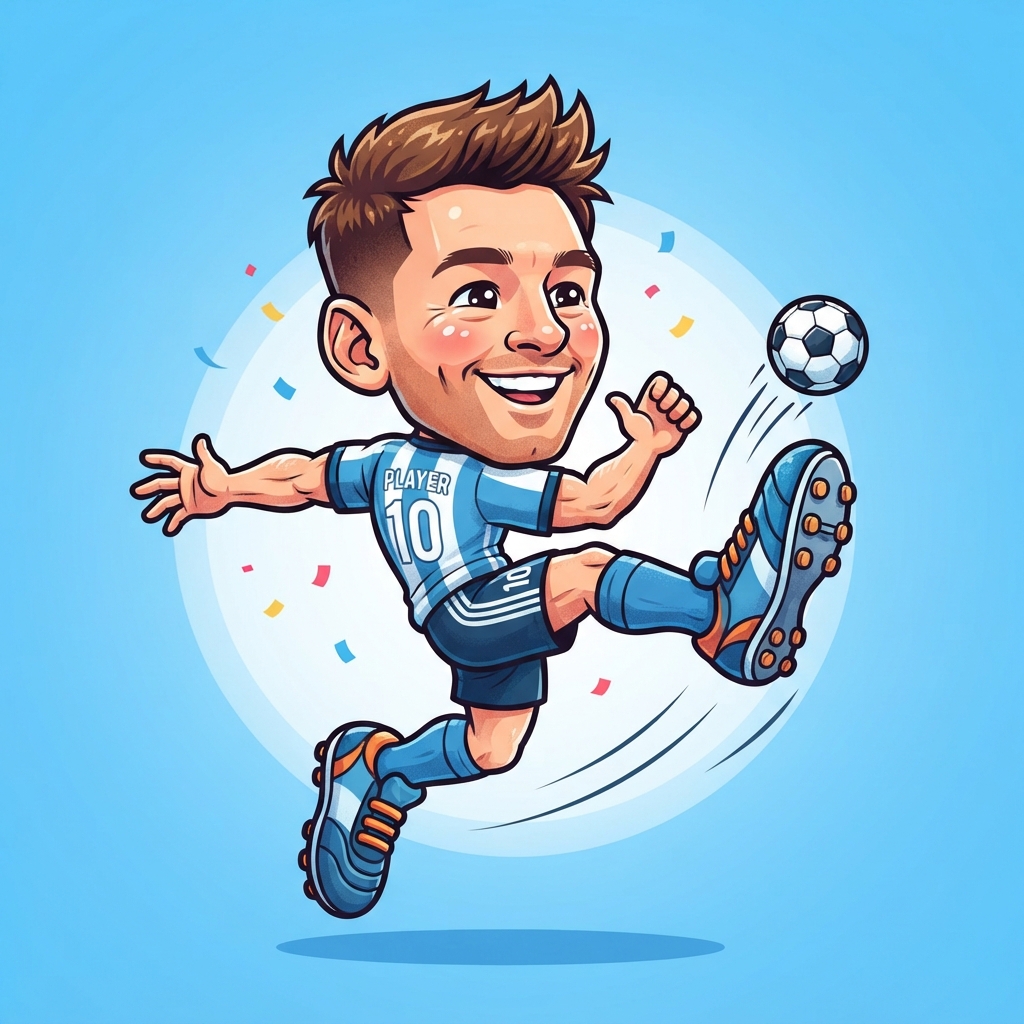 AI caricature generator result — a soccer player caricature with an exaggerated big head and giant feet kicking a ball