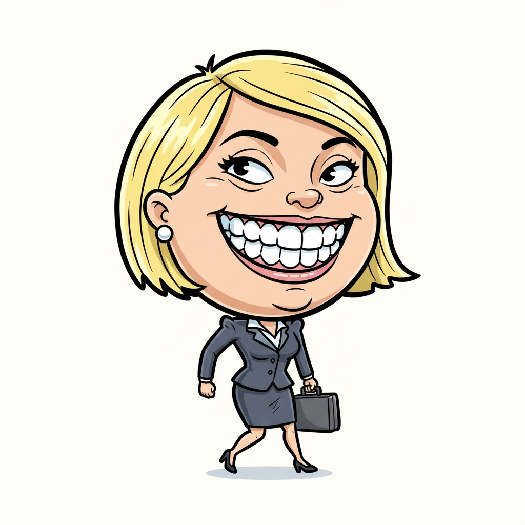 AI caricature generator result — a businesswoman caricature with an oversized head and a tiny body holding a briefcase