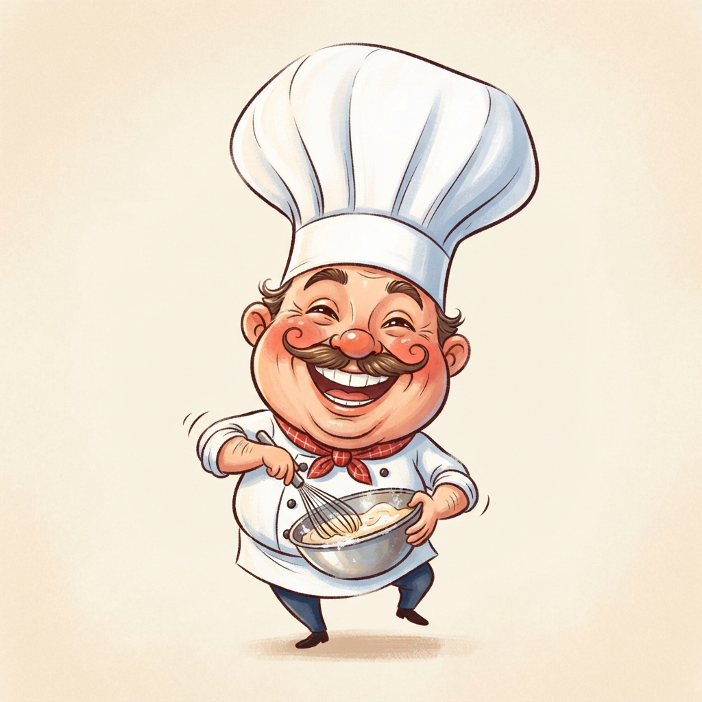AI caricature generator result — a cheerful chef caricature with a giant tall hat and a tiny body holding a whisk