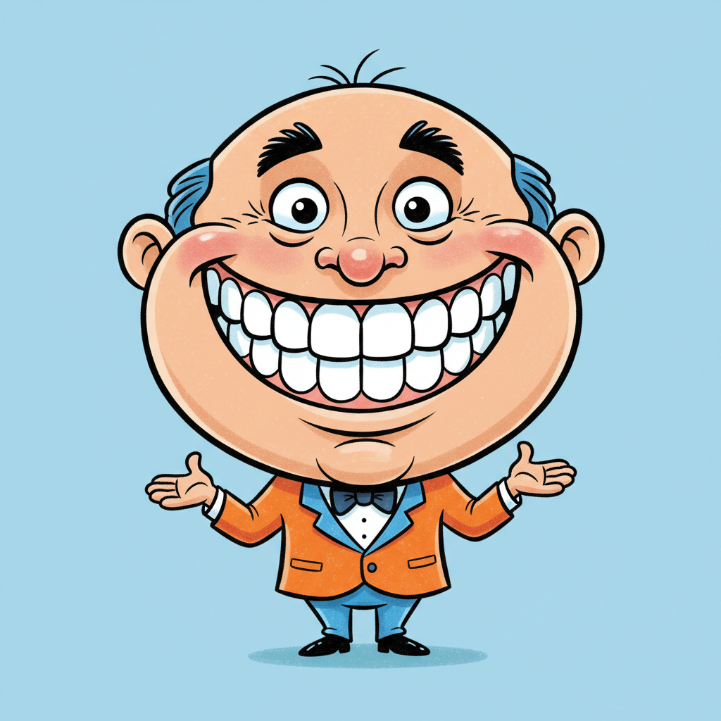 AI caricature generator result — a funny cartoon caricature of a smiling man with an exaggerated big head, oversized grin and a tiny body