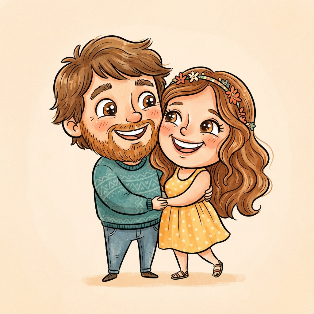 AI caricature generator result — a happy couple caricature with exaggerated big heads and small bodies leaning together