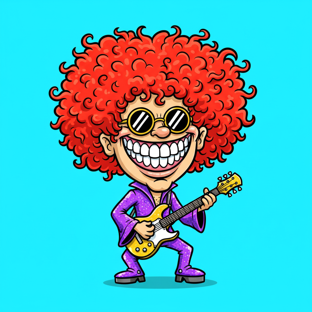 AI caricature generator result — a rock musician caricature with wild oversized hair and a tiny body holding a guitar