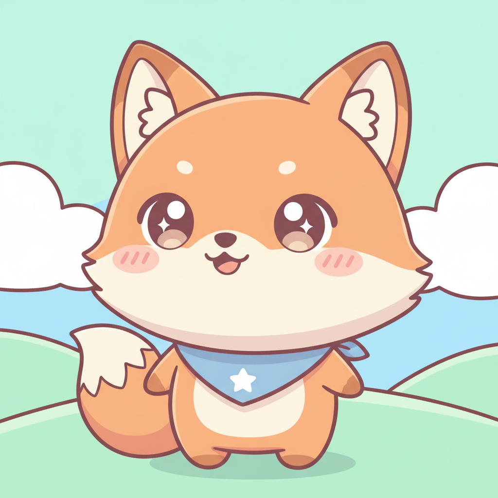 Chibi cartoon mascot character of a round orange fox created with AI cartoon design in kawaii pastel style