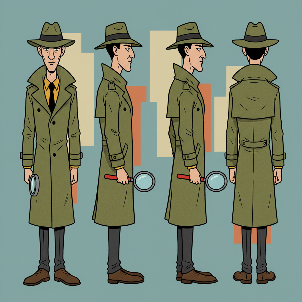 Retro Western cartoon character turnaround of a lanky detective in a trench coat with bold black outlines