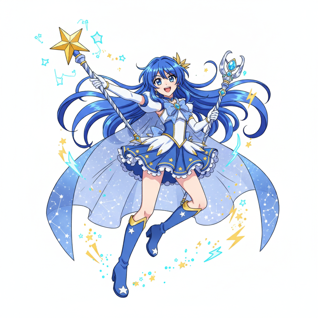 Cel shaded anime cartoon character design of a magical girl with flowing blue hair created by the character creation AI