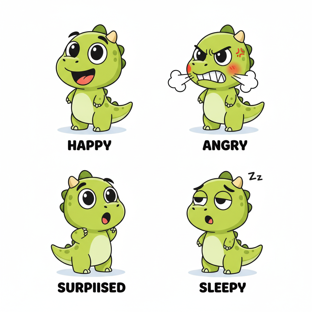 Cartoon animal character expression sheet of a friendly green dinosaur showing happy, angry, surprised and sleepy faces