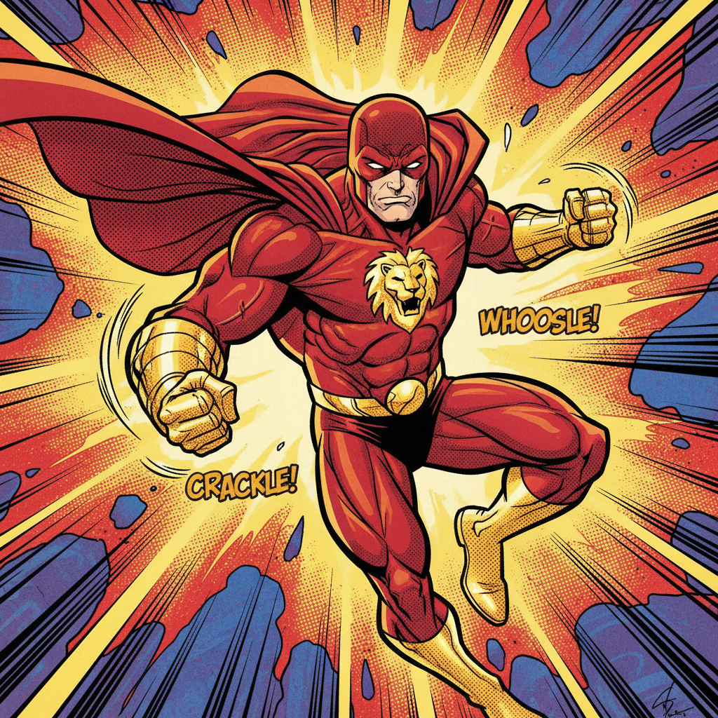 Inked comic book cartoon superhero concept art in a red and gold suit, generated with the cartoon art generator
