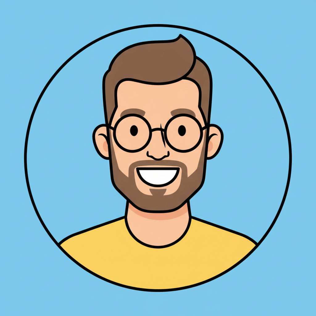 AI cartoon photo generator result — a modern flat-illustration cartoon avatar of a smiling man with glasses