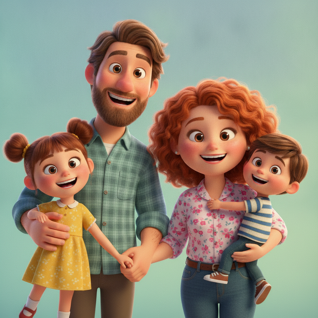 AI cartoon photo generator result — a Pixar style 3D cartoon portrait of a happy family of four