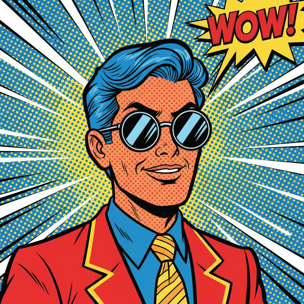AI cartoon photo generator result — a comic book pop-art cartoon portrait with bold outlines and halftone dots