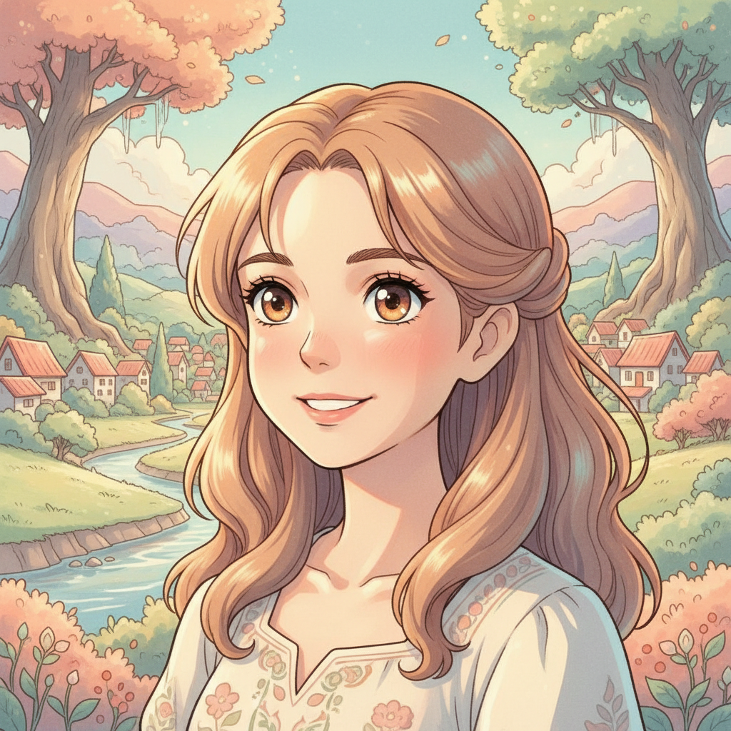 AI cartoon photo generator result — a Studio Ghibli inspired anime cartoon portrait of a young woman
