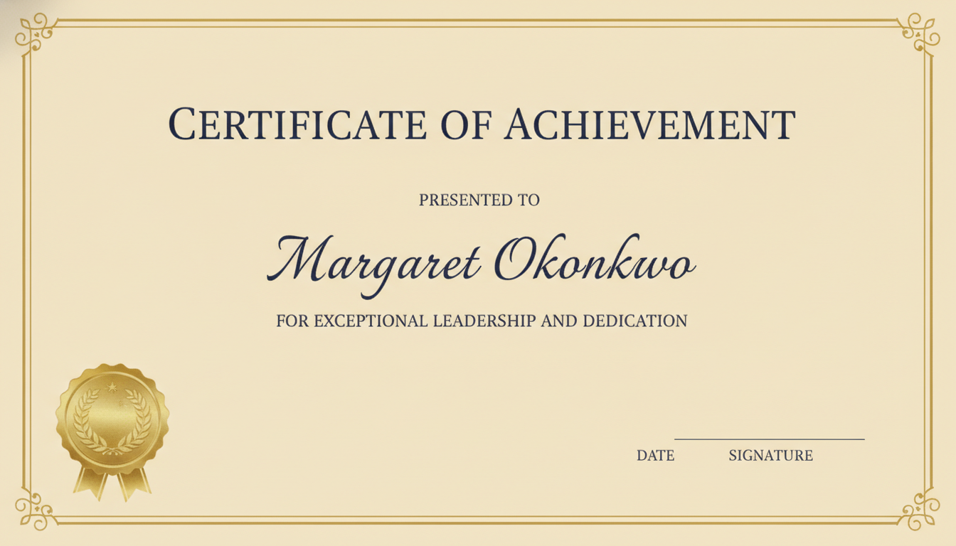 AI certificate generator example — a cream Certificate of Achievement with a double gold rule border, the name Margaret Okonkwo in script, a gold foil seal and a signature rule