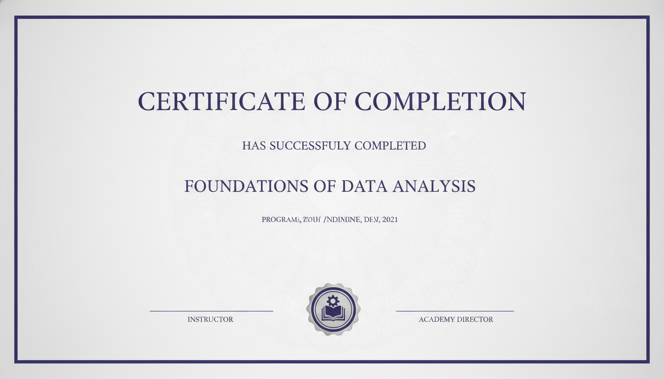 Certificate of completion for Foundations of Data Analysis with an indigo frame, a seal and two signature rules, showing SUCCESSFULY misspelled and an unreadable line of small print