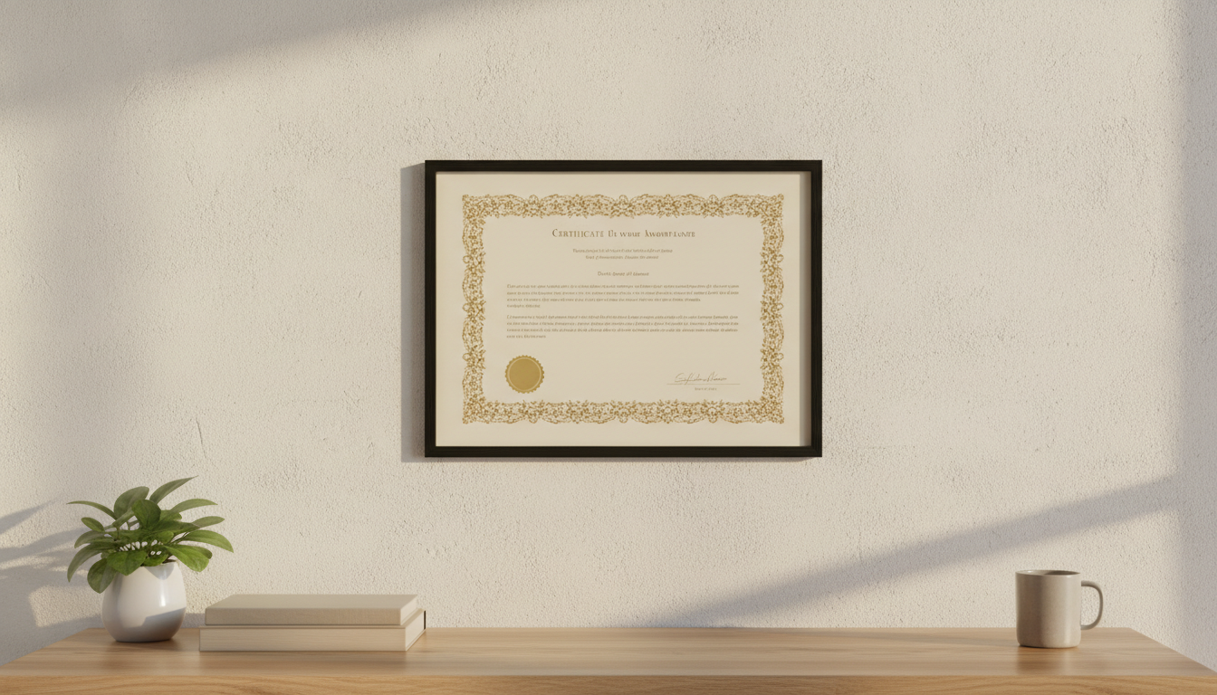 A printed certificate in a slim black landscape frame hanging above a wooden desk with a plant, two books and a mug in warm afternoon light