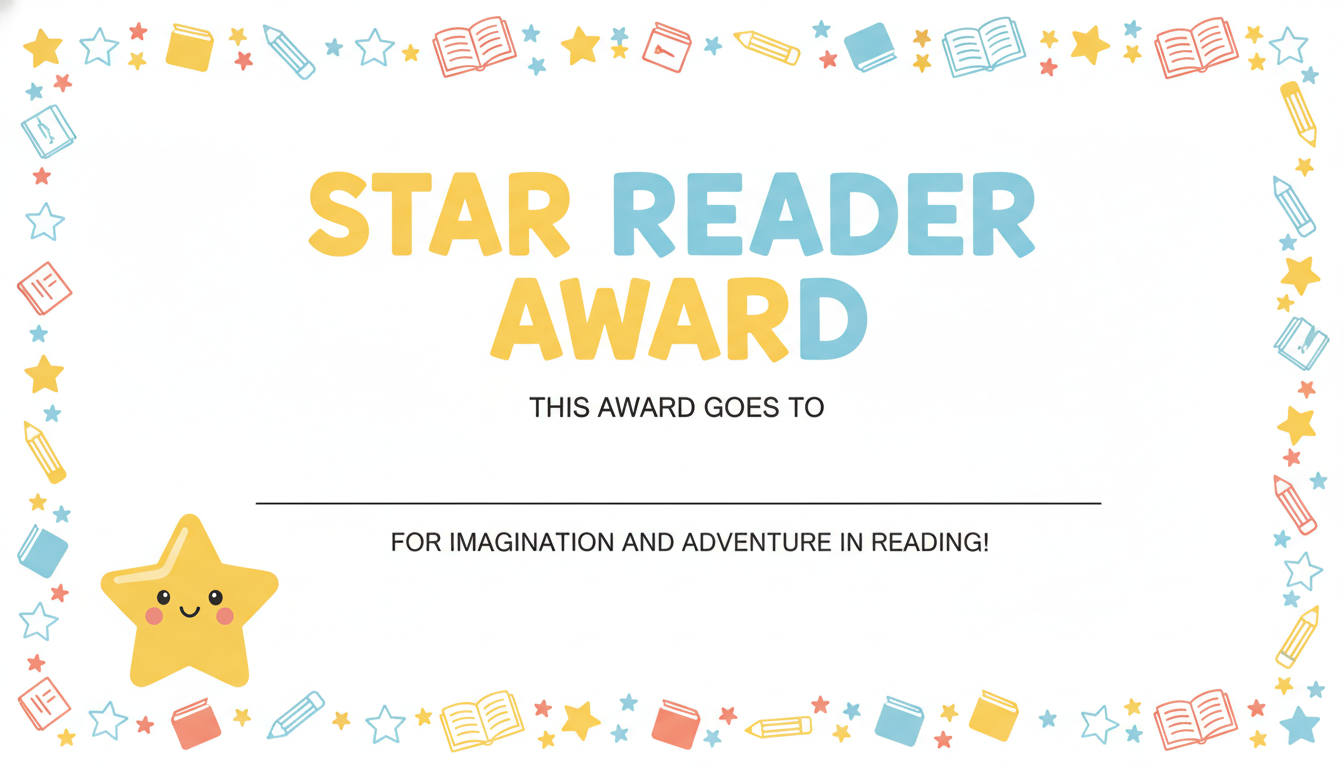 Classroom award certificate template — a Star Reader Award in rounded yellow and blue capitals with a hand-drawn border of books, pencils and stars and a blank ruled line for the child’s name
