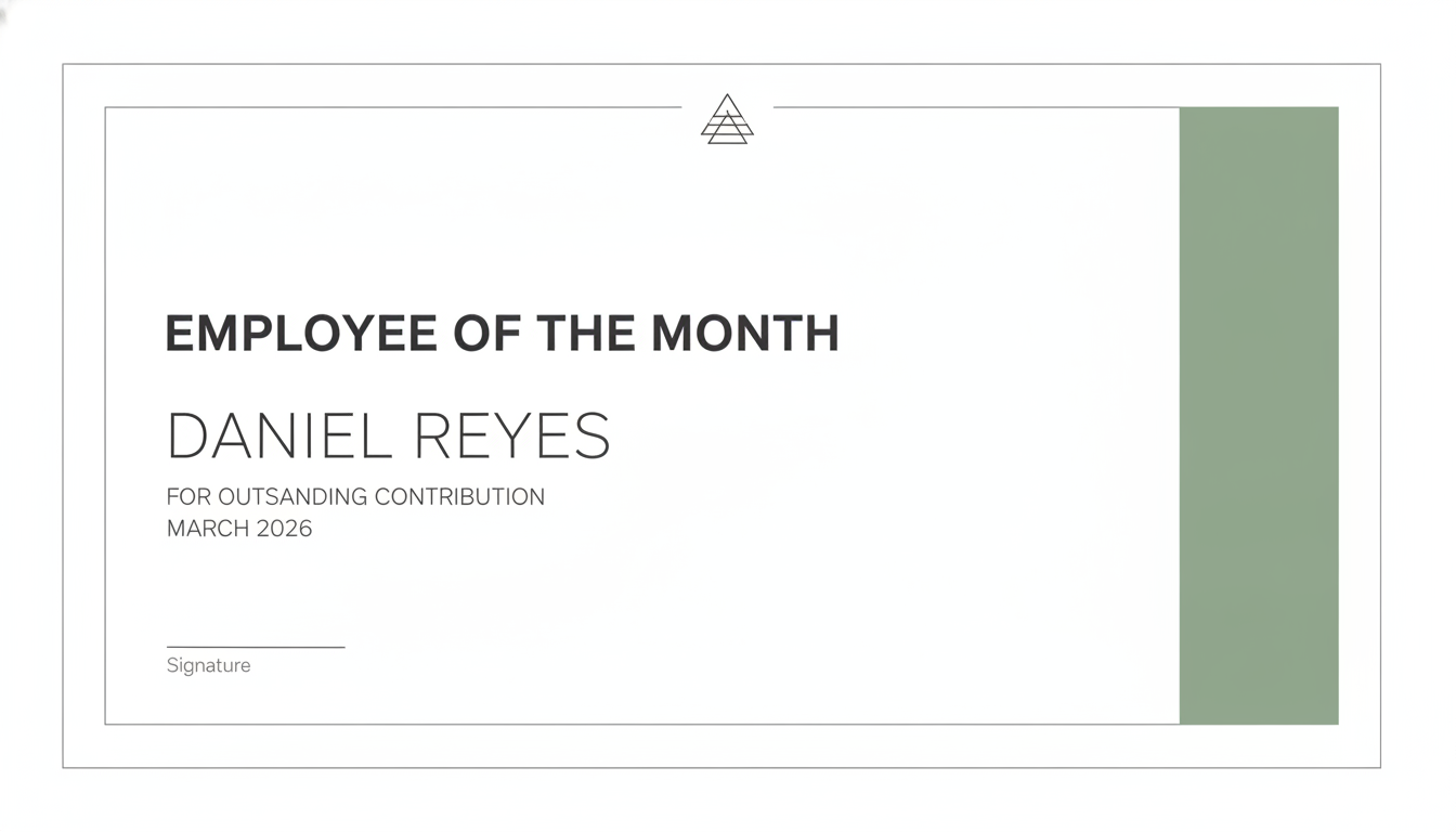 Employee of the month certificate made with the AI certificate generator — minimal white layout with a sage green edge bar, the name Daniel Reyes, and a subtitle misspelled as OUTSANDING