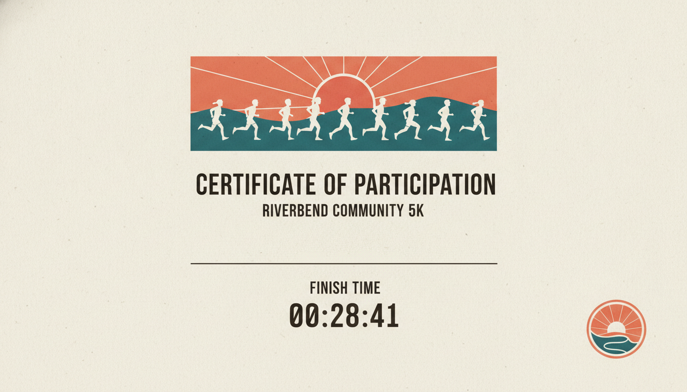 Certificate of participation generator example — a Riverbend Community 5K certificate with a flat illustration of runners at sunrise and a finish time of 00:28:41 in bold digits
