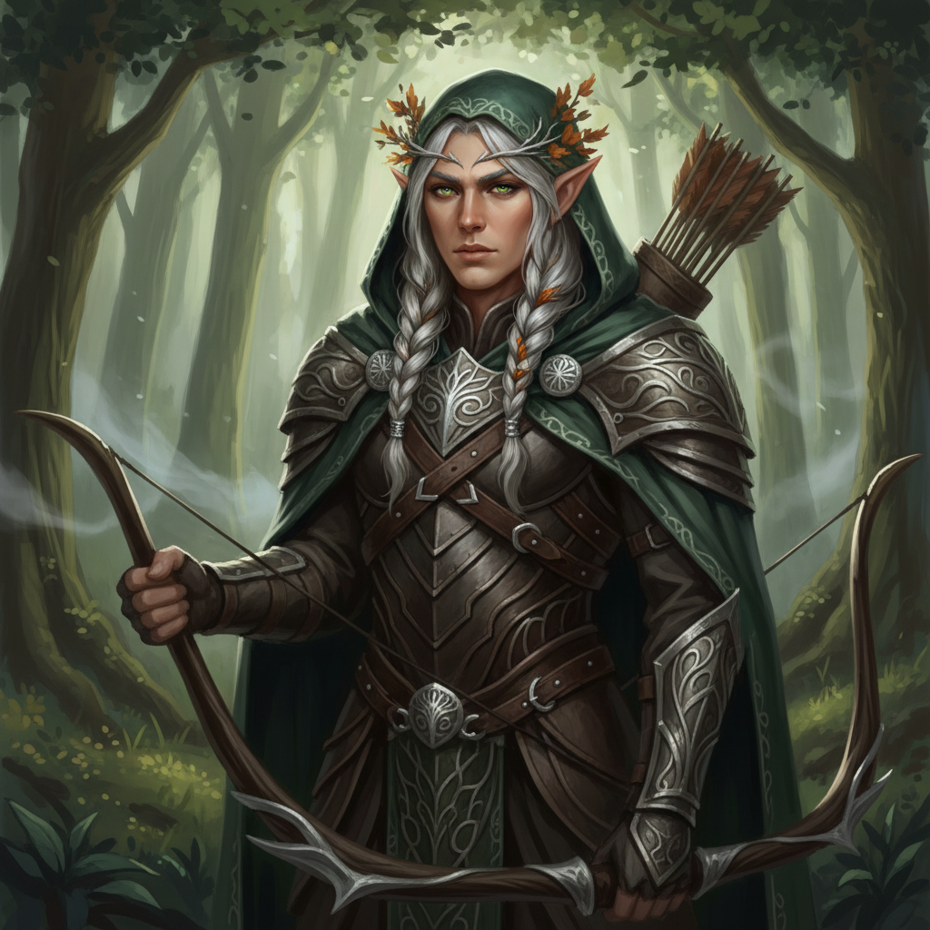 AI character portrait generator output — fantasy elven ranger with silver braided hair, emerald green eyes, leather armor, and forest cloak in moody woodland light