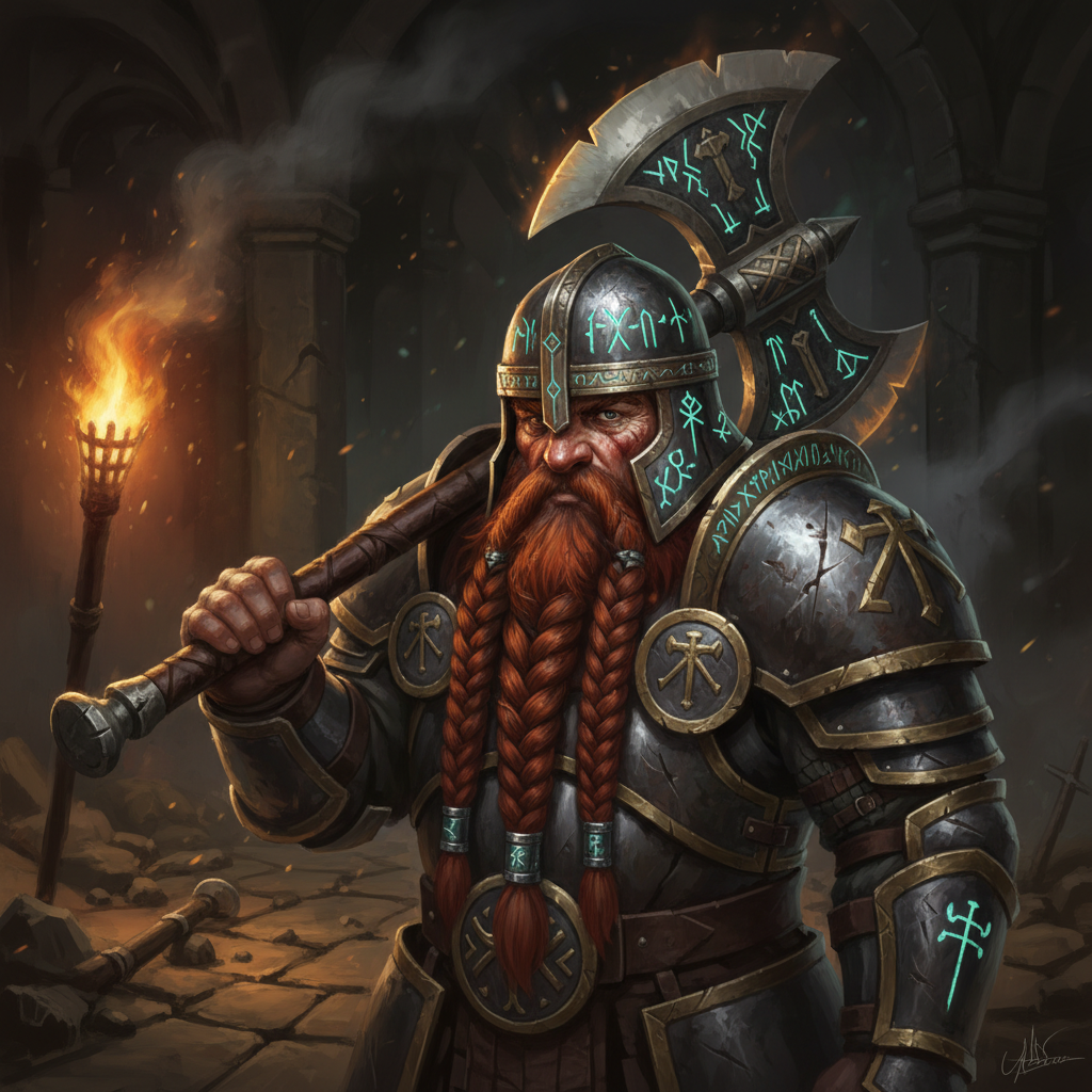 AI fantasy portrait of a battle-worn dwarven warrior with red braided beard, iron rune-engraved helmet, plate armor, and glowing axe in torchlit dungeon