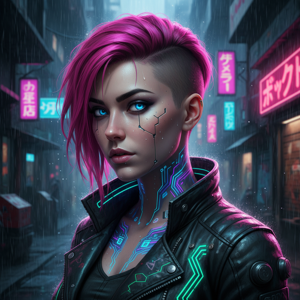 AI character portrait of a cyberpunk hacker woman with neon pink undercut, cybernetic eye, leather circuit jacket in rain-soaked Tokyo neon alley