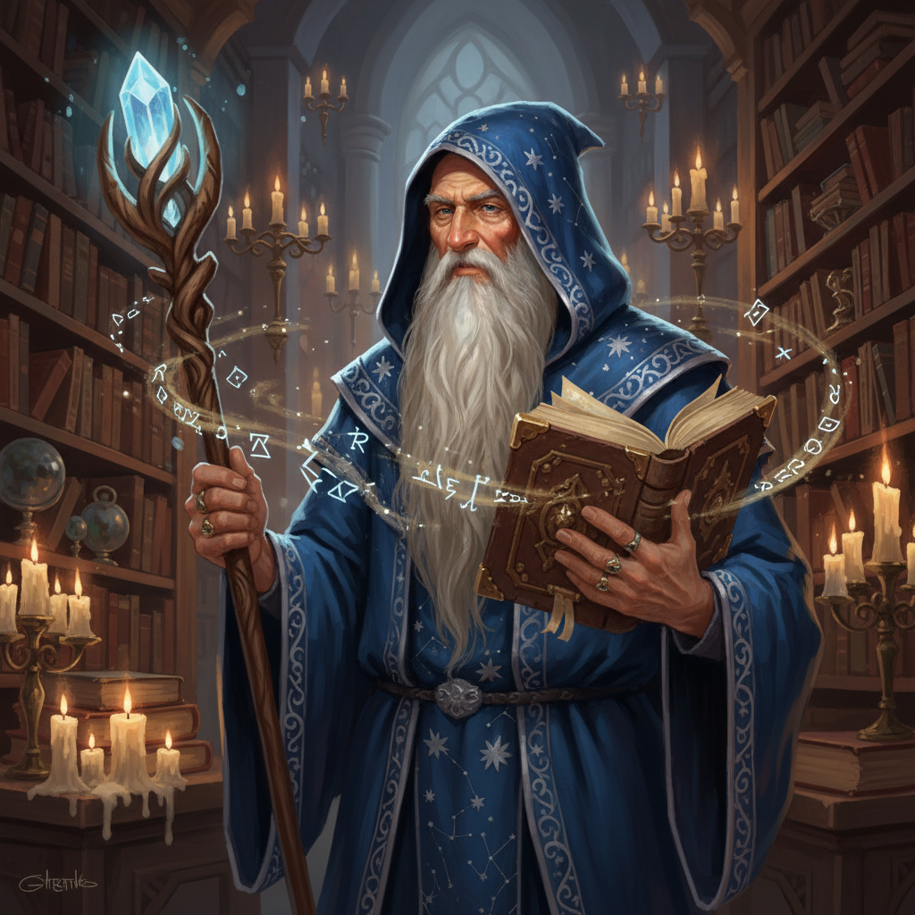 AI character portrait of a wise mage scholar in deep blue starry robes holding a leather spellbook beside a glowing wooden staff in candlelit library