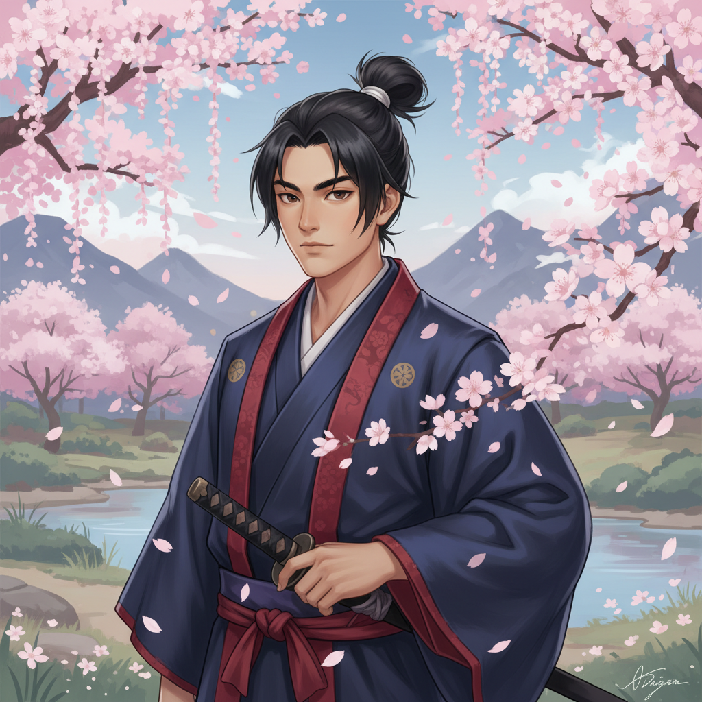 AI anime character portrait of a young samurai swordsman with topknot and dark blue kimono drawing his katana under cherry blossom petals