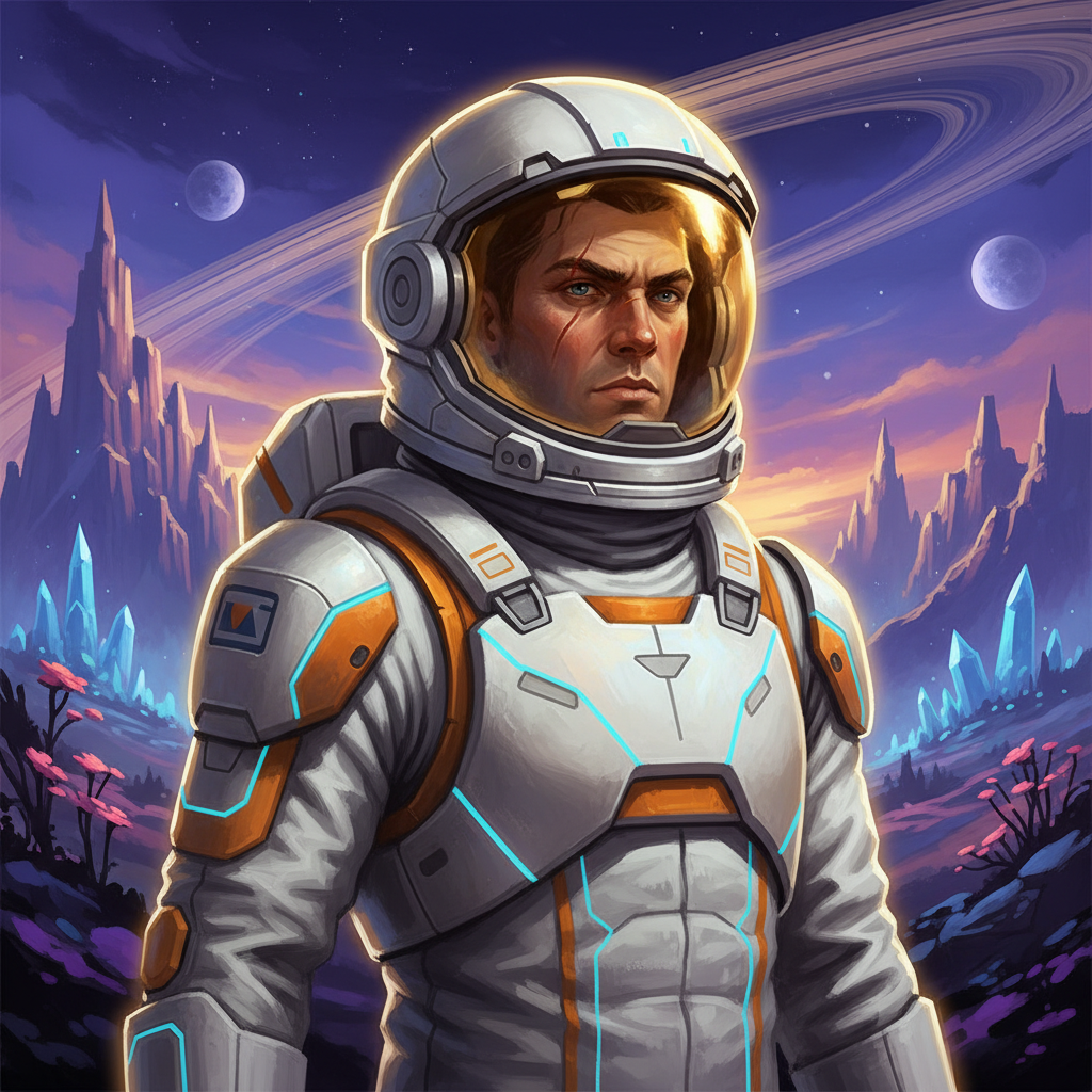 AI sci-fi character portrait of a space explorer in white and orange astronaut suit with raised reflective gold visor on a ringed alien planet