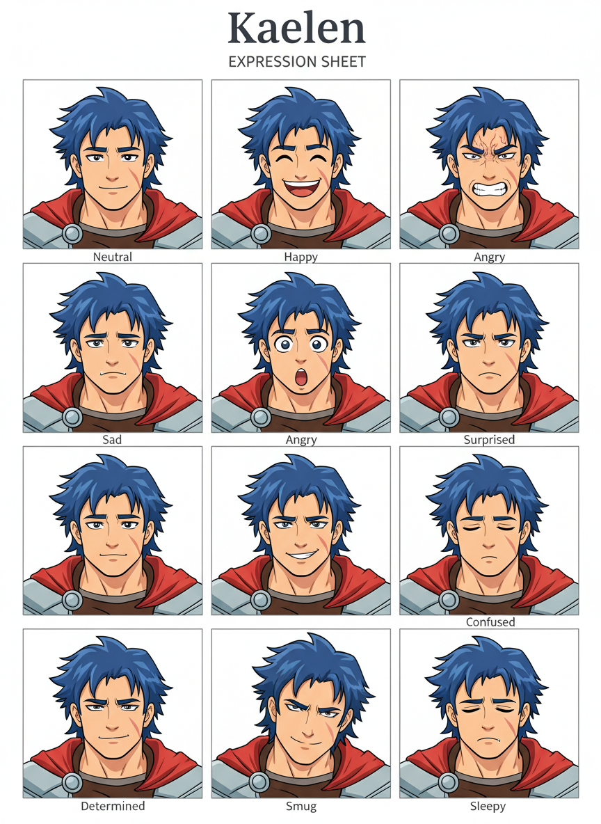 AI character reference sheet fantasy warrior expression sheet with nine emotions in 3x3 grid layout