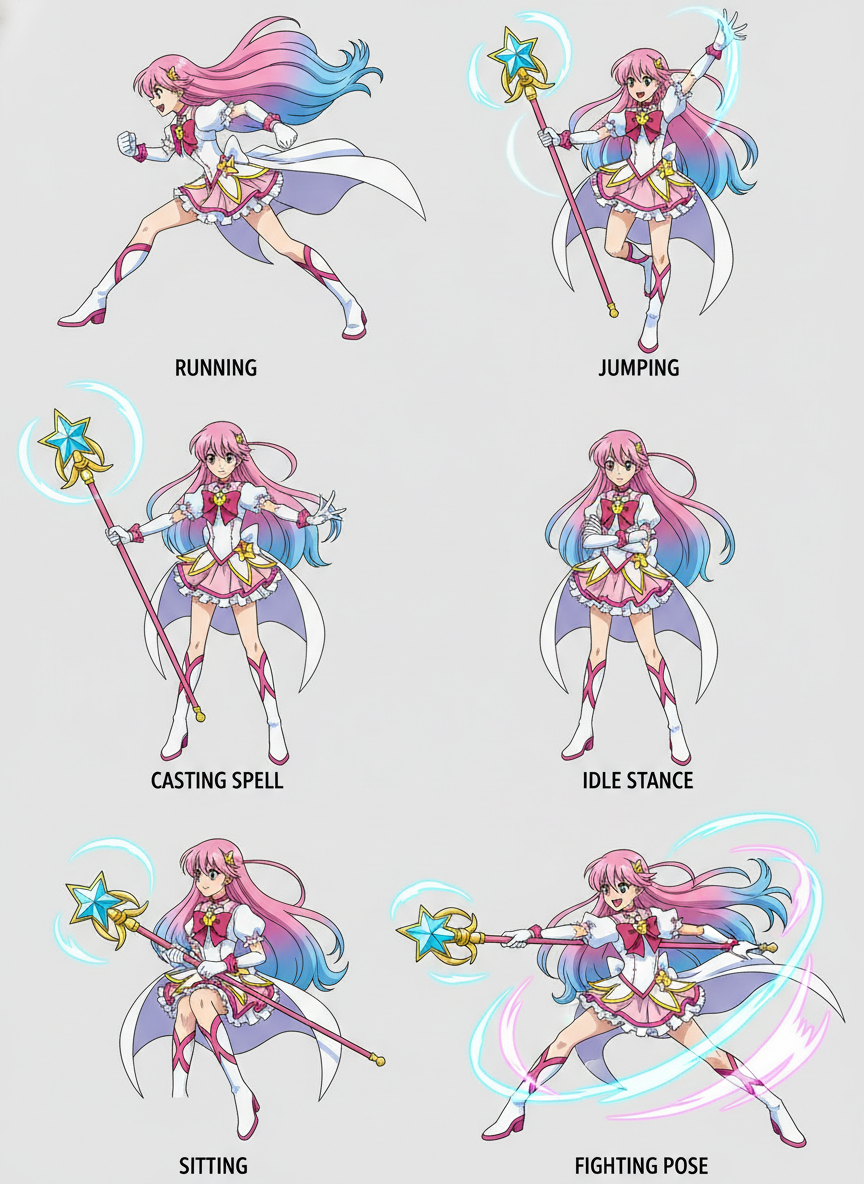 AI pose reference sheet magical girl character with six dynamic action poses in 2x3 grid model sheet style