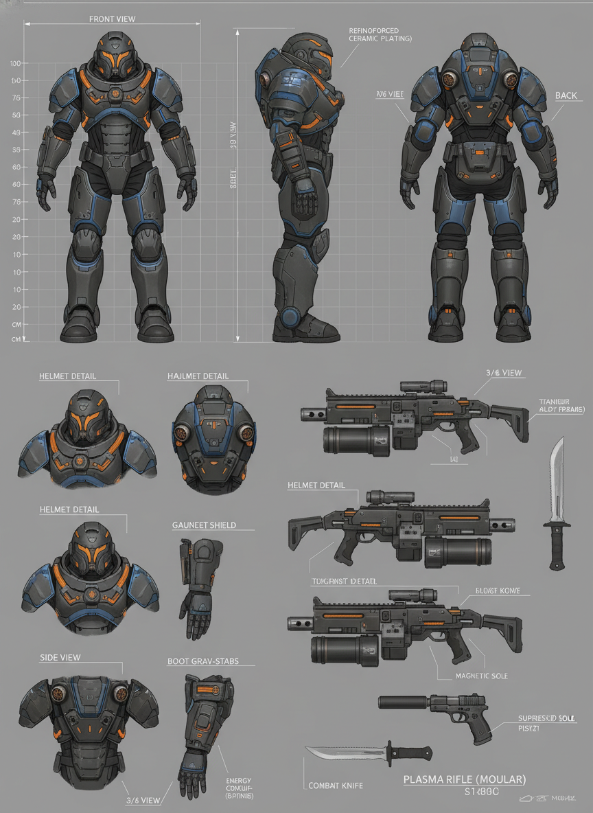 AI model sheet sci-fi space marine character turnaround with weapon callouts armor closeups and technical annotations