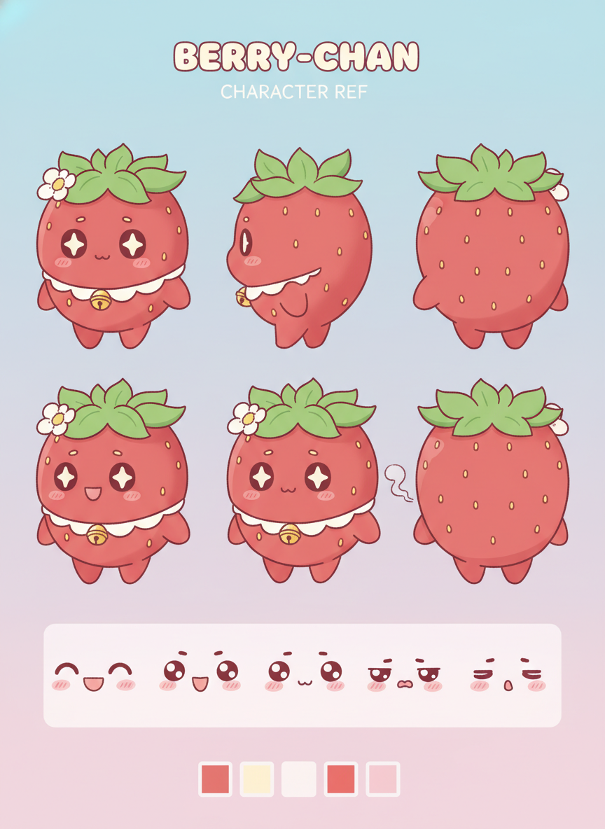 OCs character sheet ai original mascot turnaround with expression strip and color palette swatches kawaii chibi style