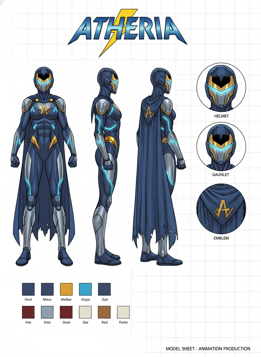 AI character design sheet comic book superhero full body turnaround with costume details and color palette swatches