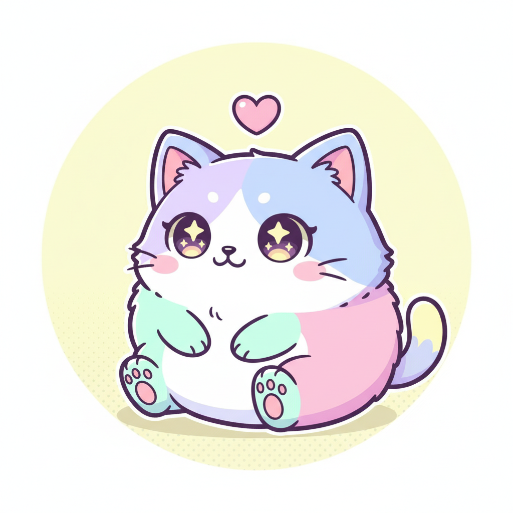 AI chibi generator result — a cute chibi animal mascot, a fluffy round cat with big sparkling eyes