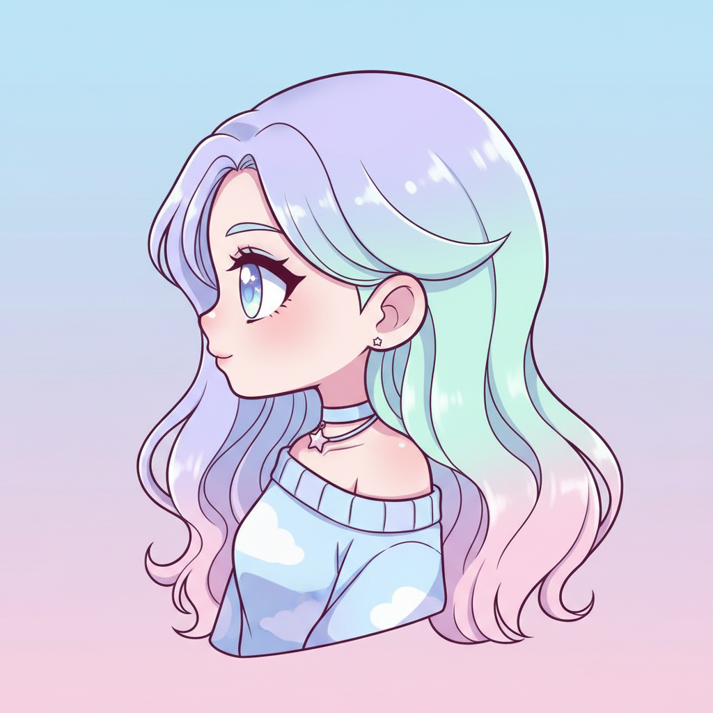 AI chibi generator result — a cute chibi profile avatar of a girl with pastel hair and big shiny eyes