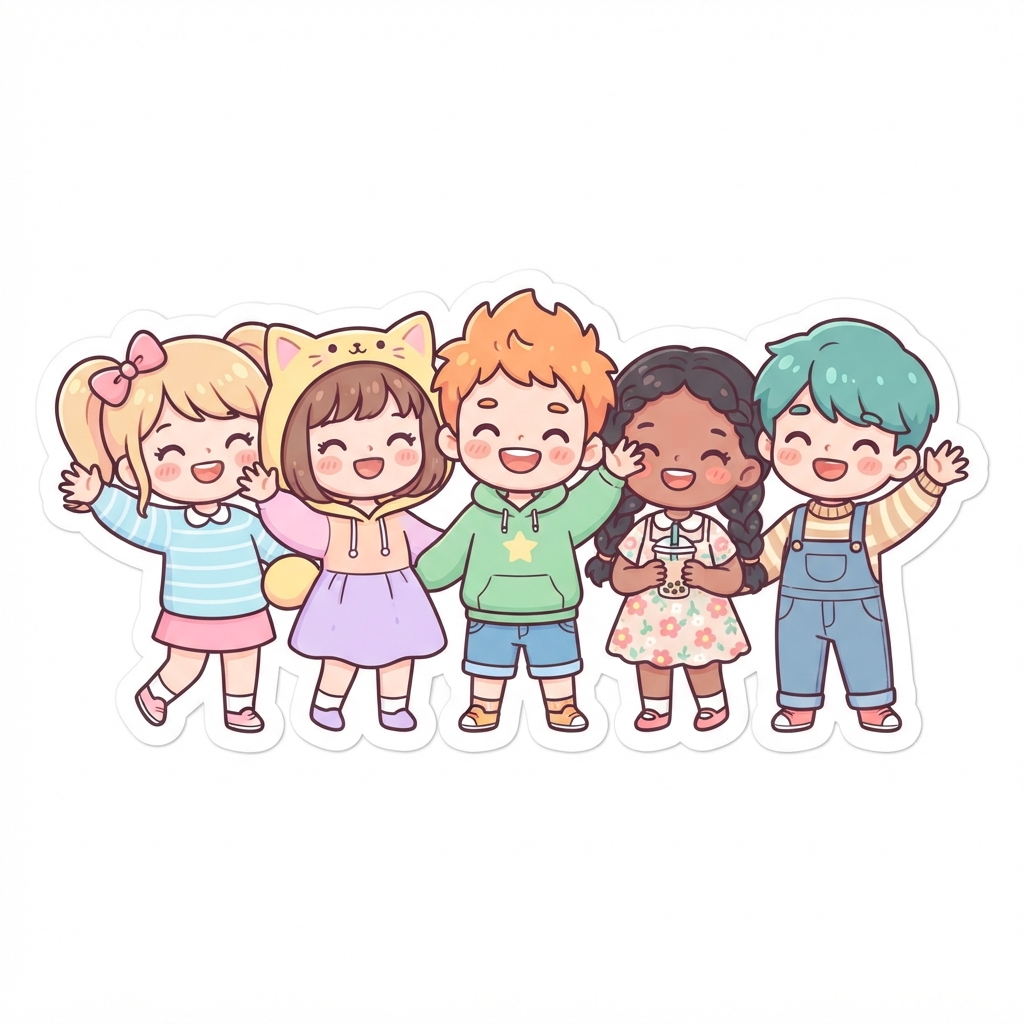AI chibi generator result — a group of cute chibi friends waving in kawaii sticker art style