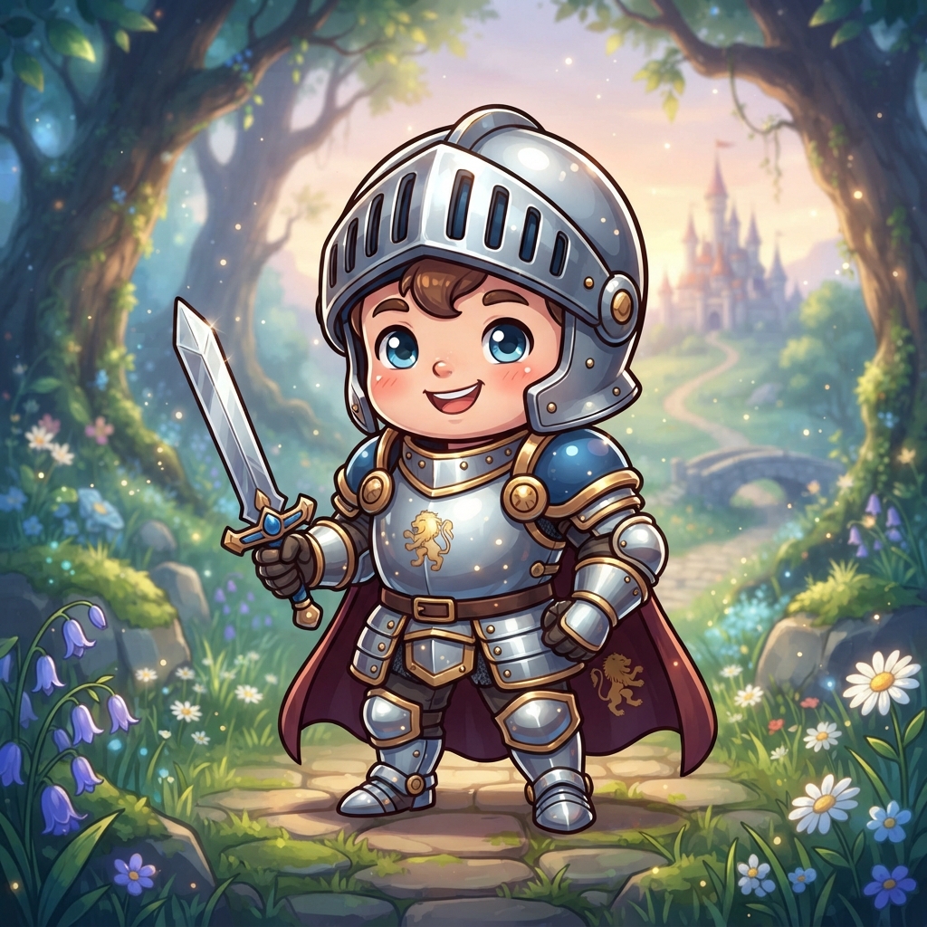 AI chibi generator result — an adorable chibi knight in oversized shiny armor holding a tiny sword