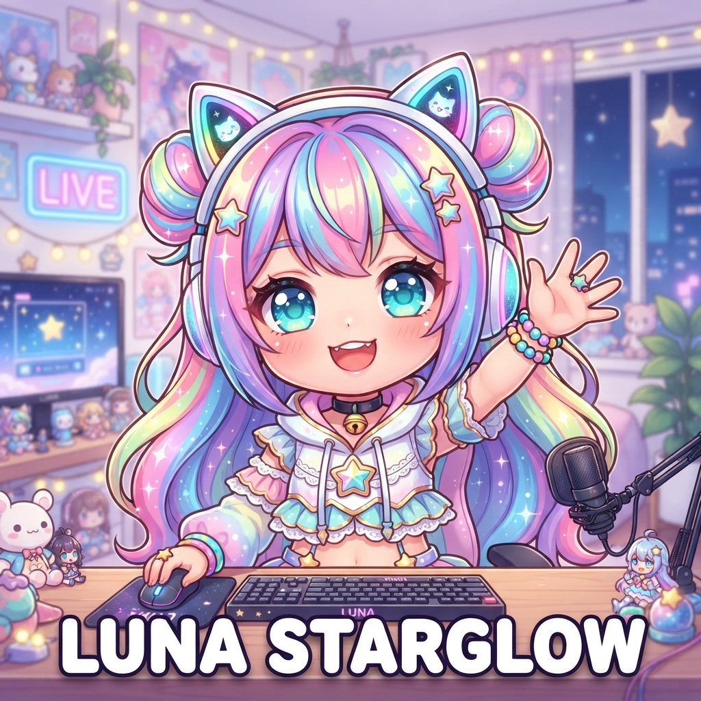 AI chibi generator result — a cute chibi vtuber character with colorful hair, headphones and big expressive eyes