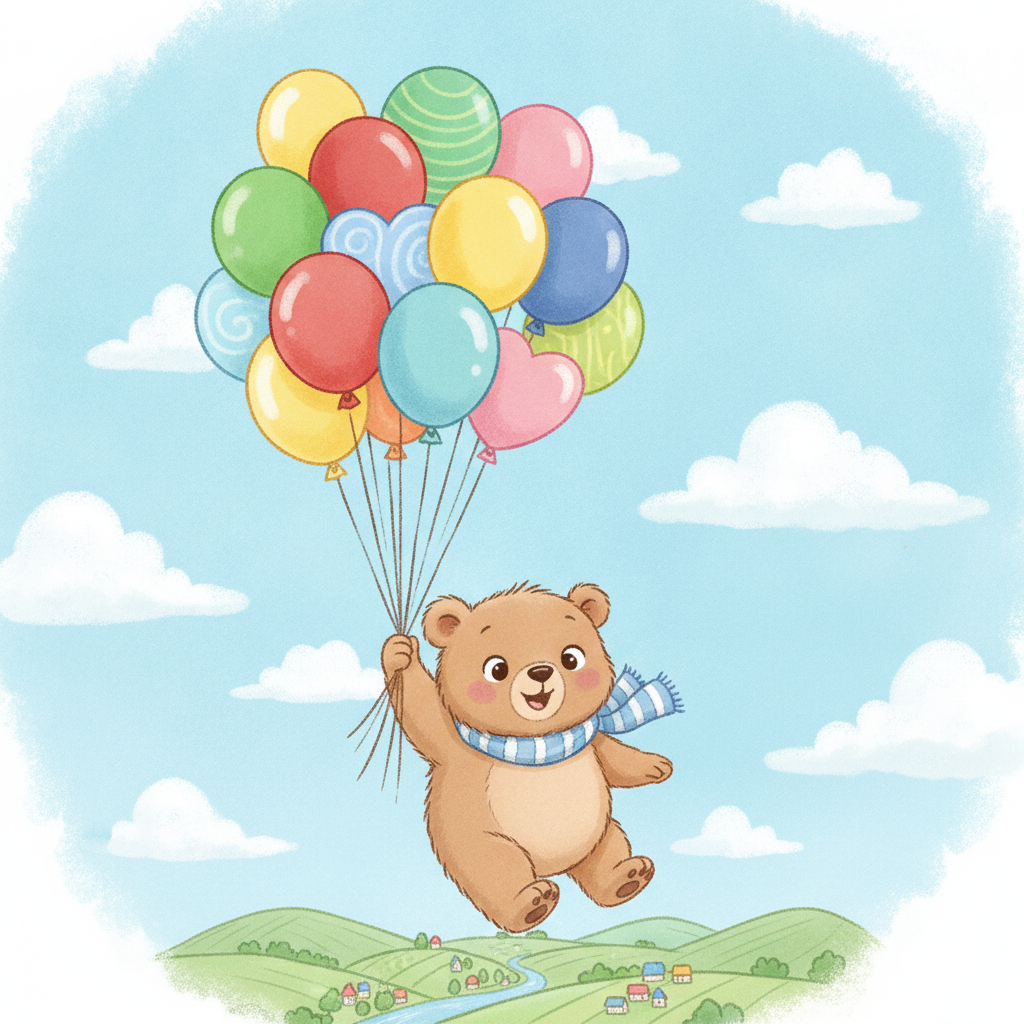 AI children's book illustration of a cuddly cartoon bear cub floating with colorful balloons in a blue sky